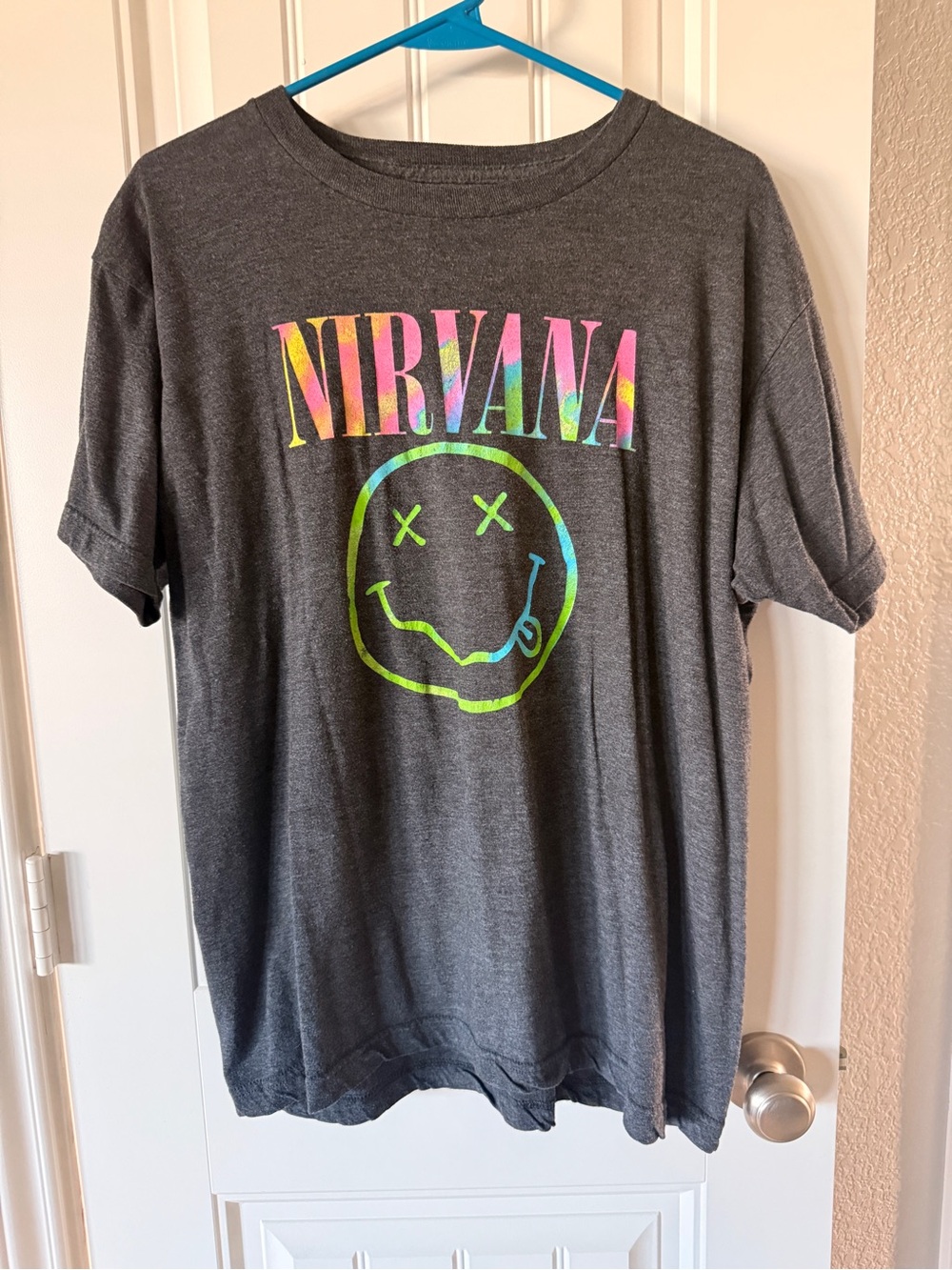 NIRVANA Dark Gray Tee with Neon Rainbow Logo